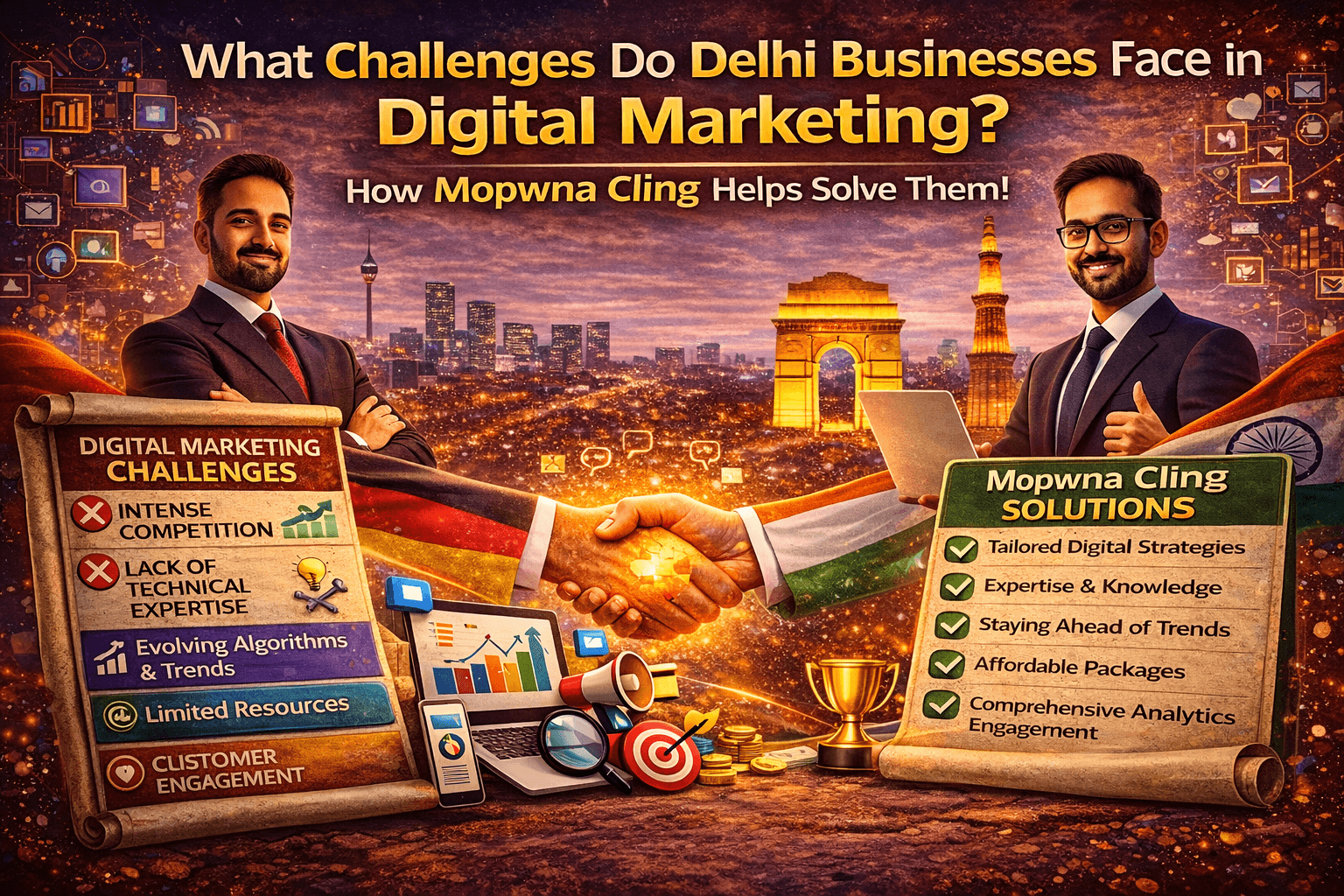 What challenge do Delhi business face in digital marketing and how does Mopwna Cling help solve them?